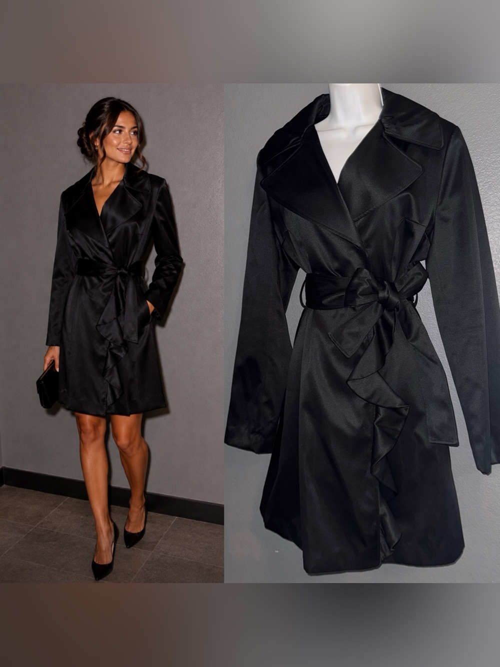 Tahari Vintage Belted Black Satin Ruffle Trench Coat Dress Womens Large